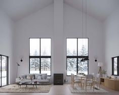 a living room filled with furniture and large windows