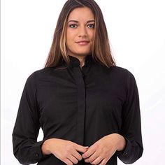 New Without Tags, Black Button Down Collarless Shirt. Size 10 Women’s Great For Gothics Or For A Burial Or Just To Dress Up White Pants. Can Be Worn With A Bright Blazer On Top Too! Remember Black Makes You Look A Bit Skinner Than U Actually Are! Model Pic Is For Reference Purposes Only. Armpit 20” Flat. Stretch Business Casual Tops With Buttons, Stretch Tops With Buttons For Business Casual, Black Stretch Top For Office Wear, Black Stretch Top With Button Closure, Black Stretch Tops With Button Closure, Black Stretch Blouse For Office, Black Office Shirt With Button Cuffs, Black Stretch Blouse With Button Closure, Stretch Black Tops With Button Closure