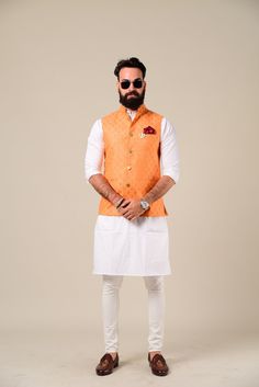 Package Constiuents : 1 Biege Colored Base and Silver Petal work Nehru Modi Jacket , 1 Brown Color Kurta , 1 White Pajama (Personalisation is Free, Just Choose Personalised Size Options) Important Instrucitons : We request you to kindly calculate the processing time of your order after the mutual confirmation on Bespoke measurements between us has taken place (either via message , e mail or form) Men can wear Half-Jackets and style them in many different ways. Want to look traditional? Great! We Chanderi Bandhgala With Chikankari Embroidery For Wedding, Wedding Nehru Jacket In Chanderi With Cutdana, Navratri Bandhgala With Chikankari Embroidery In Art Silk, Navratri Chanderi Nehru Jacket With Cutdana, Fitted Bandhgala For Puja During Eid, Fitted Chanderi Nehru Jacket For Wedding, Chanderi Bandhgala For Transitional Wedding Season, Traditional Nehru Jacket With Zari Work In Chanderi, Brocade Nehru Jacket With Chikankari Embroidery