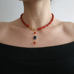 < Red coral necklace with blue pearl pendant > This product made according to the model of authentic traditional Ukrainian jewelry. The coral is modern, the design is vintage. Like 99% of the coral on the market these days, this coral has been dyed. I use bamboo coral which is not endangered or threatened in any way, unlike natural pink or red coral (the production of which is forbidden almost everywhere in the world). Bamboo coral doesn't mean it's not organic. Every bead of it has a dist V Neck Jewelry, Minimalism Jewelry, Coral Jewelry Vintage, Ukrainian Jewelry, Tiny Necklace, Red Coral Necklace, Coral Beads Necklace, Bamboo Coral, Mother Of Pearl Jewelry