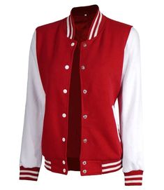 Womens Red and White Varsity Jacket | Letterman Style Casual Red Outerwear With Stand Collar, Red Varsity Jacket With Ribbed Cuffs For Fall, Red Outerwear With Ribbed Cuffs And Baseball Collar, Red Sporty Varsity Jacket For Spring, Sporty Red Cotton Outerwear, University Red Varsity Jacket For Fall With Long Sleeves, Red Cotton Varsity Jacket With Pockets, University Red Varsity Jacket For Fall, University Red Long Sleeve Varsity Jacket For Winter