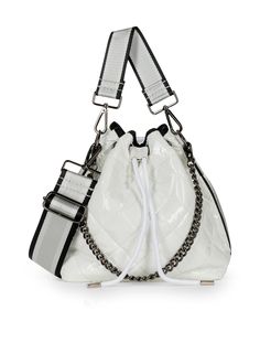 The perfect on the go companion, the Lindsey Blanc Puffer Bucket Bag offers stylish construction that keeps you organized when out and about. Puffer bucket bag with side stripe detailing and additional wristlet pouch. Features a short handle strap, adjustable crossbody strap & chain strap. Dimensions 9.8 x 8.6 x 5.5 inches. Washable with mild soap. Hang dry. Neoprene Bag, Wristlet Pouch, Neoprene Tote, Lightweight Bag, White Quilt, Orange Bag, Big Bags, Work Bag, Mini Tote