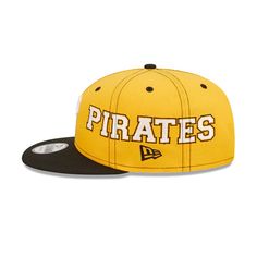 The Pittsburgh Pirates Team Split 9FIFTY Snapback features a team color fabrication with an embroidered Pirates logo at the front panels and a team wordmark across the left and right-wear sides. Additional details include a snapback closure at the rear and a gray undervisor. Snapback Hat With Team Logo For Fans, Flat Bill Snapback Hat With Team Logo, Sporty Team Logo Snapback Hat For Game Day, Sporty Snapback Hat With Team Logo For Game Day, Team-colored Snapback Hat With Team Logo, Throwback Baseball Cap With Embroidered Logo For Game Day, Collegiate Fitted Hat With Team Logo For Game Day, Throwback Snapback Hat For Baseball Season With Embroidered Logo, Team-colored Flat Bill Snapback Hat For Fans