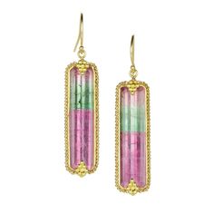 Amali One of a Kind Watermelon Tourmaline Earrings | Quadrum Gallery Anthony Lent, Tourmaline Earrings, Watermelon Tourmaline, Yellow Gold Earring, Summer Colors, Bezel Setting, Wearable Art, Tourmaline, Watermelon