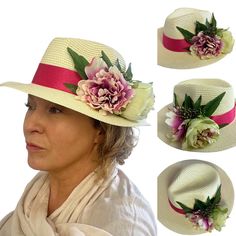 "This amazing adjustable fedora straw summer hat is perfect for lazy summer days, festivals vacation, cruises and weddings alike! natural straw/ light beige fedora with large pink and lime green peony floral decoration . this hat is size medium. it is adjustable smaller but not larger. it fits head 22-22.8 \"  TIP:. if you need to measure this, use a piece of string to circumference the head and measure against a tape measure or similar. the floral corsage is not removable. please see our other colours and designs." Fitted White Fedora For Spring, Spring Bohemian Fedora With Curved Brim, Elegant Fedora Panama Hat For Spring, Adjustable Fedora Mini Hat For Kentucky Derby, Adjustable Fedora For Kentucky Derby, Bohemian Spring Fedora With Curved Brim, Short Brim Boater Hat In Paper Straw For Spring, Adjustable Wide Brim Mini Hat For Garden Party, Spring Short Brim Boater Hat In Paper Straw