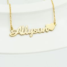 Name Necklace with Heart Sterling Silver 925 - Gift for Loves Wife - Personalized Name Necklace 18K Gold - Summer Jewelry - Gift For Her How To Order : 1- Make your selections primary color and chain size. 2- Write the name or text you want in the personalization note. 3- You can see the font chart in the last photo. * This necklace is case sensitive Material : * High Quality Handmade 925 Sterling Silver - 18K Gold Plated and 18K Rose Plated * High Quality Handmade 8K REAL GOLD and 14K REAL GOLD 14k Gold Name Jewelry For Valentine's Day, Custom Heart Necklace With Name For Valentine's Day, Yellow Gold Heart-shaped Jewelry With Name, Yellow Gold Heart Jewelry With Name, Heart Charm Nameplate Jewelry For Anniversary, Heart Charm Nameplate Jewelry For Anniversary Gift, 14k Gold Heart Necklace With Hallmarks, Custom Necklace For Anniversary On Valentine's Day, Custom Engraved Necklace For Anniversary On Valentine's Day