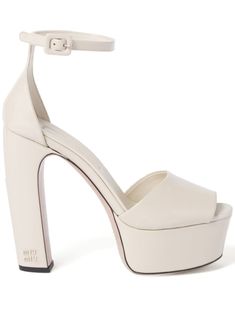 cream white calf leather patent finish logo lettering buckle-fastening ankle strap single toe strap peep toe branded insole block heel platform sole White Platforms, Miu Miu Shoes, Platform Block Heels, Leather Platform Sandals, Shades Of Beige, Cream White, Platform Sandals, Women's Shoes Sandals, Miu Miu