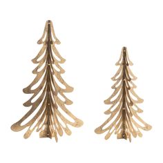 two gold christmas trees are shown against a white background