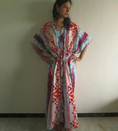 Diamond Aztec Caftan Softest Cotton Free Flowing Kaftan Dress Perfect as House Dress, Lounge Wear, Beachwear, Muumuu, Mumu - Etsy Multicolor Ikat Print Kaftan Tunic, Multicolor V-neck Kaftan With Batik Print, Hippie Multicolor Kaftan With Kimono Sleeves, Bohemian Block Print Kimono For Summer, Bohemian Block Print Summer Kimono, Long Patterned Kaftan For Festival, Beach Boho Dress With V-neck And Paisley Print, Bohemian Multicolor Kaftan For Beach Cover-up, Bohemian Printed Dresses With Kimono Sleeves