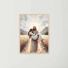 a painting of jesus carrying a child on his back in a room with white walls