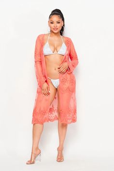 Welcome summer in style with our fabulous coral mesh embroidered kimono cover up! This stylish piece will keep you feeling cool and looking your best from day to evening. Romantic floral embroidery adorns the cozy mesh fabric, making this piece perfect for both beach getaways and summer weddings. Lace Mesh Peplum Hemline 60% Cotton 40% Nylon Summer Lace Long Sleeve Cover-up, Summer Long Sleeve Lace Cover-up, Long Sleeve Lace Summer Cover-up, Long Lace Beach Cover-up, Long Lace Cover-up For Vacation, Sheer Long Sleeve Festival Cover-up, Long Lace Cover-up For Beach Season, Long Lace Beachwear Cover-up, Lace Open Front Cover-up For Summer