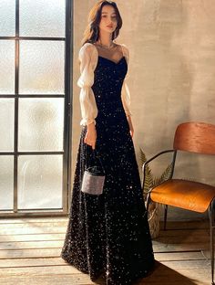 Size: XXL Starry Night Gown, Black Floor Length Dress, Party Formal Dress, Casual Formal Dresses, Formal Parties, Sequin Decor, Gala Events, Formal Party Dress, Dresses Xxl