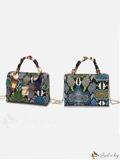 BirdinBag - Womens Snakeskin Flap Shoulder Bag with PU Leather, Handbag with Twilly Scarf Accents Scarf Decor, Twilly Scarf, Flap Shoulder Bag, Twilly, Word Wrap, Snakeskin Print, Bag Bag, Square Bag, Leather Handbag