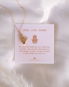 Wear luck around your neck with our Hamsa Luck Necklace! With its sleek and stylish design, it's the perfect accessory for risk-takers who embrace the unknown. Let it remind you to stay strong and take on whatever life throws your way! The Hamsa Hand symbolizes luck, protection & balance. Wear our Hamsa Hand Necklace as your personal talisman, inviting the magic of good fortune into your life. NECKLACE FEATURES Chain: 14K Gold-filled Cable Chain Charm: 21x13mm Brass, 18K Gold-plated Each necklac Hamsa Hand Necklace, Luck Necklace, Necklace Evil Eye, Hand Necklace, Dainty Gold Necklace, Protection Necklace, Christmas Gift For Her, Chain Extenders, Jewelry Card