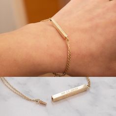 a woman's arm with a gold bar bracelet on it, and the same photo as her wrist