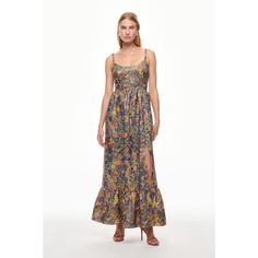 Multicolored Floral (81% Polyester, 14% Metallic, 5% Spandex). Casual Dresses. Scoop Neck. Back Zipper Closure. Shoulder to Hemline Length: 59.5". Length: 26". Imported. Fitted Maxi Sundress For Garden Party, Fitted Long Sundress For Spring, Fitted Multicolor Floral Maxi Dress, Long Floral Print Fitted Sundress, Fitted Long Floral Sundress, Fitted Multicolor Lined Maxi Dress, Fitted Long Floral Dress For Vacation, Rent The Runway, Gold Print