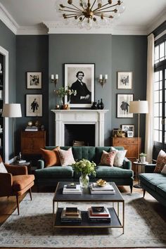 a living room filled with furniture and a fire place in front of a painting on the wall