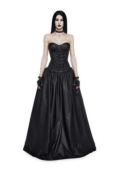 Widow Vegan Leather Buckle Ball Gown WIth Gloves Goth Metal - Black Pleated Overbust Corset Dress For Prom, Overbust Corset Dress For Prom With Fitted Bodice, Fitted Sleeveless Corset Dress For Halloween, Strapless Corset Back Dress For Halloween, Black Fitted Satin Ball Gown, Fitted Black Satin Ball Gown, Sleeveless Ball Gown With Corset Back And Fitted Bodice, Prom Corset Dress With Boned Bodice Ball Gown, Halloween Overbust Corset Dress With Corset Back