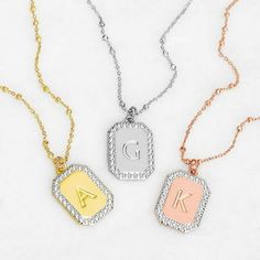 Highlight your initial on this stylish tag pendant! Bold, engraved initial is featured on a CZ-accented tag and suspended from a shimmering beaded chain. Pair with wardrobe favorites from sundresses to T-shirts for an eye-catching look. Treat yourself or give as a thoughtful birthday or holiday gift. Available in gorgeous Gold, stunning Silver or radiant Rose Gold. Personalization cannot contain any special characters, emojis or shapes. Design and images are copyright of Limoges Jewelry and may Beaded Chain Necklace, Shapes Design, Engraved Initials, Special Characters, Personalized Necklace, Beaded Chain, Personalized Jewelry, Holiday Gifts, Initials