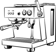 an espresso machine is shown in this black and white drawing, with the coffee pot