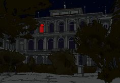 an old building lit up at night with red light in the window and trees around it