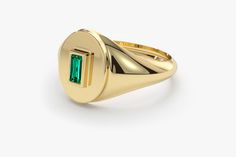 "Emerald Signet Ring in 14k Gold / Baguette Emerald Pinky Ring / Gold Pinky Ring Features *Made to Order. *Gold Kt: 14K *Custom Gold Color: Rose Gold, Yellow Gold, White Gold *Baguette Emerald: 1pcs 4.2x 2.3MM *Total CTW: 0.15ctw *Setting Type: Bezel *Width of Band: Graduates from 7.5MM to 2MM *Center Oval: 10.00mm x 8.5mm *Ready to Ship in 7-10 Business Days Be sure to hit \"favorite\" on the right so it remains on your favorites list and/ or add to your wish list(s). ▶ Want to find out more? C Emerald Signet Ring, Pinky Ring Gold, Gold Pinky Ring, May Birthstone Rings, May Birthstone, Platinum Ring, Pinky Ring, Ring Gold, Birthstone Ring