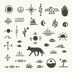 an image of some animals and symbols in black and white on a sheet of paper