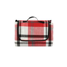 a red and black plaid purse on a white background