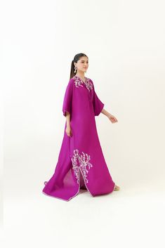 Magenta Kaftan Pink Silk Kaftan With Zari Work, Pink Zari Work Kaftan For Weddings, Pink Resham Embroidery Kaftan For Wedding, Pink Wedding Kaftan With Zari Work, Traditional Purple Silk Kaftan, Designer Long Kaftan For Eid, Silk Hand Embellished Floor-length Kaftan, Hand Embellished Silk Floor-length Kaftan, Elegant Pink Kaftan With Resham Embroidery