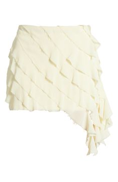 Frothy side ruffles add a sweet, sophisticated flourish to a fluttery tiered miniskirt made from crinkled georgette in a off-white shade. Back zip closure Lined 100% polyester Dry clean Imported Party Skirt With Cream Ruffles, Elegant Ruffled Mini Skirt For Summer, Cream Ruffled Flowy Bottoms, Chic Tiered Ruffled Mini Skirt, Cream Tiered Ruffled Mini Skirt, Cream Ruffled Tiered Mini Skirt, Elegant Asymmetrical Ruffled Mini Skirt, Party Tiered Mini Skirt With Ruffles, Elegant Fitted Tiered Mini Skirt