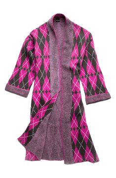 A soft and cozy cardigan features a timeless argyle pattern that's sweetened with hearts. Open front Shawl collar Long sleeves 100% acrylic Spot clean Imported Model stats: 5'10" height, 32" bust, 25" waist, 36" hip. Long Sleeve Argyle Cardigan, Fitted Argyle Pattern Sweater For Fall, Fitted Argyle Sweater For Fall, Fall Fitted Argyle Sweater, Fall Season Argyle Sweater, Knitted Heart Pattern, Knitted Heart, Argyle Pattern, Scarf Sale