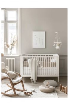 a baby's room with white furniture and neutral colors