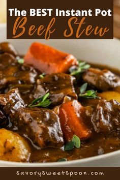 beef stew in a white bowl with carrots, potatoes and parsley on the side