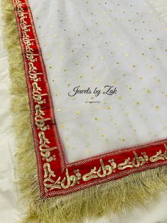 Here I am selling this Gorgeous White net dupatta with red QABOOL HAI embroidery on all four sides with golden lace to finish the look.  Perfect for brides on their Nikkah Wedding Rukhsati. Any Questions please feel free to ask. NO REFUND/NO EXCHANGE/NO RETURN Regards  Jewels by Zak❤️ Bollywood Lehenga For Marriage During Diwali, Red Saree With Dabka Embroidery, Traditional Red Saree With Dabka, Red Dupatta With Dabka In Traditional Drape, Red Dabka Embellished Dupatta, Wedding Dupatta With Dabka On Nida Fabric, Traditional Lehenga With Dabka Work In Nida, Festive Red Dupatta With Dabka Detail, Traditional Drape Saree With Dabka For Wedding