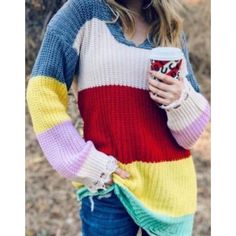 Rainbow Color Block Distressed Knit Pullover Tunic Sweater Oversized fit Distressed Knit, Fringe Pants, Bow Purse, Solid Jumpsuit, Cropped Joggers, Sweater Oversized, Sweater Oversize, Rainbow Color, Loungewear Sets