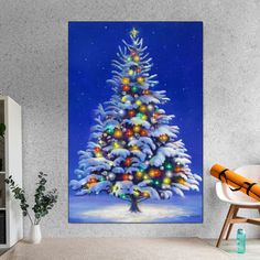 a painting of a christmas tree with lights on it