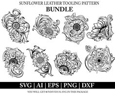 the sunflower leather tooling pattern bundle is shown in black and white, with different designs