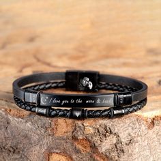 Welcome to BLACK EAGLE DESIGN! 3 Color Option # Black-Black Color and Black-Blue Color and Silver # Standard fast shipping Introducing our Steel Leather Bracelet,Bangle the perfect personalized gift for him! Whether you're searching for an anniversary gift for your husband, a custom gift for your boyfriend, or a thoughtful Christmas gift for men, this bracelet is sure to impress. But what really sets this bracelet apart is the opportunity to personalize it. Create a truly one-of-a-kind piece tha Adjustable Black Bracelet For Birthday Gift, Adjustable Black Bracelets For Valentine's Day, Adjustable Black Wristband For Birthday Gift, Adjustable Black Bracelet For Birthday, Adjustable Black Wristband As Birthday Gift, Adjustable Black Wristband, Engraved Black Bracelets For Anniversary, Personalized Black Leather Bracelet As Gift, Personalized Black Leather Bracelet Gift