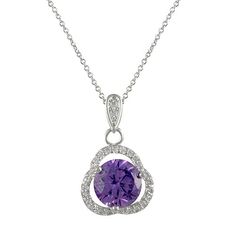 Platinum/Rhodium necklace with 24- 1.3mm round white CZ's & 1- 9mm round amethyst CZ on 16"+3" 225sf cable chain Jewelry is produced using the same manufacturing process as fine jewelry with rigorous quality controls giving it the “Look of Real”. Each item is polished to a mirror finish. Hand set Cubic Zirconia’s stones are a 3A quality, exceeding the industry standard and giving you that extra sparkle just like a real diamond. Earring posts are Hypo-allergic Surgical Steel with comfort disk bac Purple Cubic Zirconia Necklace For Anniversary, Purple Cubic Zirconia Necklaces For Anniversary, Purple Cubic Zirconia Gemstone Necklace, Purple Cubic Zirconia Necklace As Gift, Purple Gemstone Necklace With Cubic Zirconia, Purple Cubic Zirconia Necklace For Gift, Silver Birthstone Necklace With Diamond Accents, Purple Necklaces With Sparkling Stones For Gift, Fine Jewelry Purple Round Pendant Necklace