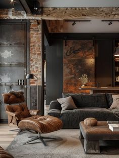 a living room filled with furniture and a brick wall