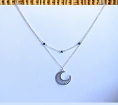 Jewelry care: Avoid getting wet, remove before sleeping & showering, store in a dry sealed environment Layered Chain Necklace, Layered Chain, Swirl Design, Crystal Charm, Silver Rhinestone, Moon Pendant, Black Crystals, Steel Chain, Stainless Steel Chain