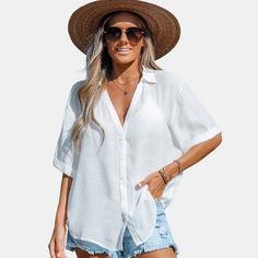 Have some fun in the sun in this semi-sheer cover-up shirt featuring a V-neckline, basic collar, button-front closures, and short sleeves with rolled cuffs.
Product code:CAA07A3B003CC
Model Wearing Size: S
Height:5‘6" in / 168 cm Bust:34 in / 86 cm
Waist:25 in / 63 cm Hips:30 in / 76 cm Short Sleeve Shirt With Buttons For Beach Season, Solid Short Sleeve Shirt With Button Closure For Beach, Button-up Short Sleeve Beach Shirt, Solid Color Short Sleeve Button-up Shirt For Summer, Solid Color Short Sleeve Shirt With Buttons For Summer, Solid Summer Short Sleeve Button-up Shirt, Solid Short Sleeve Shirt With Buttons For Summer, Summer Beach Button-up Shirt, V-neck Shirt For Summer Vacation