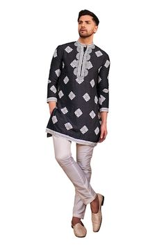 Black and white silk kurta with all over floral blossom print. Comes with pant. - Aza Fashions Men Kurta, Silk Kurta, Blossom Print, Kurta With Pants, White Silk, Mandarin Collar, Black Silk, Aza Fashion, Silk Printing