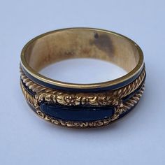 Georgian Mourning Ring  Size 10 - gold with black enamel, raised gold design with onyx stone and gold filigree bezel. Inscribed Rodger Hunter Gaskell b. 22 Dec. 1817 d.61 Gold Filigree, Onyx Stone, Size 10 Rings, Gold Design, Black Enamel, Rings Statement, Onyx, Statement Rings, Ring Size