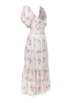 Indulge in some boho-meets-cottage-core vibes with this ivory maxi dress from LoveShackFancy featuring a vibrant pink and maroon floral print. The puff short sleeves add a touch of whimsy, while the maxi length and wedge sandal make it perfect for any summer soiree. Size 8 Fabric contents unavailable Invisible side zipper Puff short sleeves Square neckline Bust 38" Waist 32" Shoulder to hem 54" Sleeve length 11" Cream Maxi Summer Dress, Cream Maxi Length Summer Dress, Feminine Cream Maxi Dress With Floral Print, Feminine Cream Floral Print Maxi Dress, Feminine Boho Maxi Dress For Summer, Feminine Cream Maxi Dress For Day Out, Cream Flowy Maxi Dress In Feminine Style, Cream Flowy Maxi Dress Feminine Style, Feminine Boho Maxi Dress For Vacation