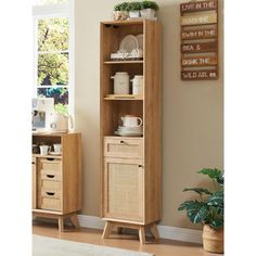 a tall wooden cabinet with drawers and baskets on the bottom shelf in a living room