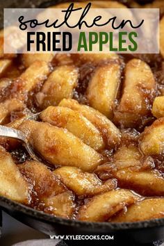 southern fried apples in a skillet with text overlay that reads southern fried apples