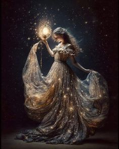 a woman in a long dress holding a crystal ball with stars all around her body