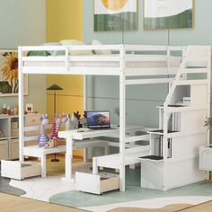 a white bunk bed with desk underneath and stairs to the upper level in a child's bedroom