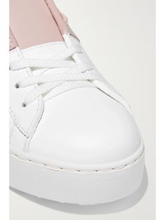 VALENTINO GARAVANI Open two-tone leather sneakers | NET-A-PORTER White Calf Leather Sneakers With Textured Sole, White Calf Leather Sneakers For Streetwear, Calf Leather Sneakers With Contrast Sole For Streetwear, Luxury Calf Leather Sneakers For Streetwear, Luxury Low-top Sneakers With Textured Sole, White Low-top Chunky Sneakers With Contrast Sole, White Calf Leather High-top Sneakers For Streetwear, White Calf Leather Sporty Sneakers, Sporty White Calf Leather Sneakers